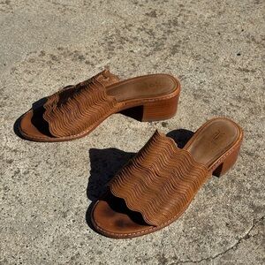 Frye Tan Scalloped Heeled Mules